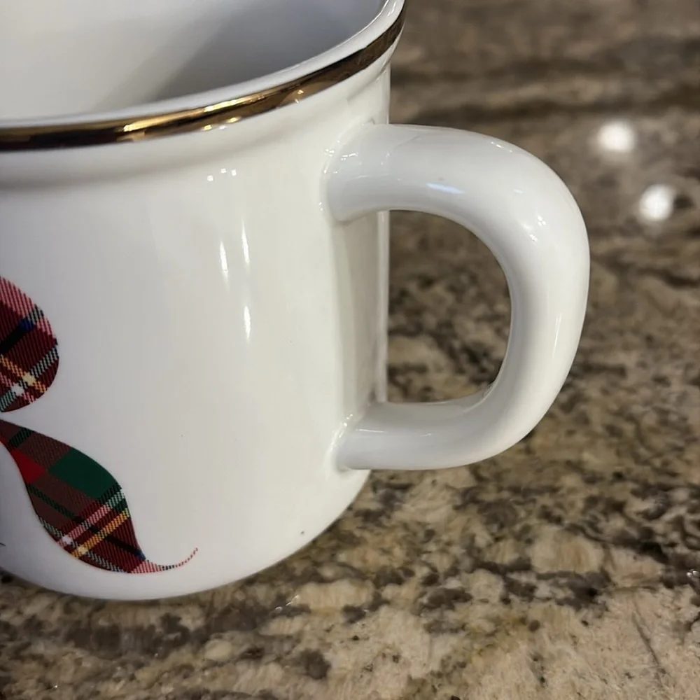 Pottery Barn Steward Plaid initial R coffee tea mug monogram new, gold rim 16oz